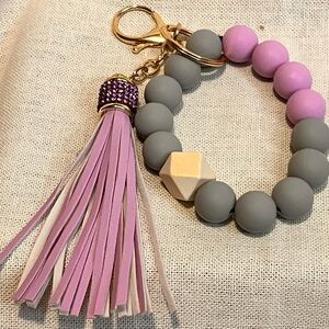 Lilac and Gray Beaded Keychain Bracelet with Bling Leather Tassel